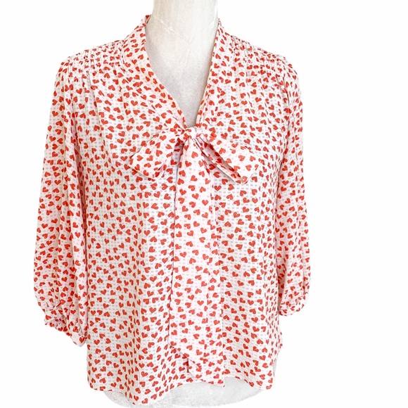 Ark & Co Tops - Ark & Co Heart Print Tie Bow Blouse White Red S